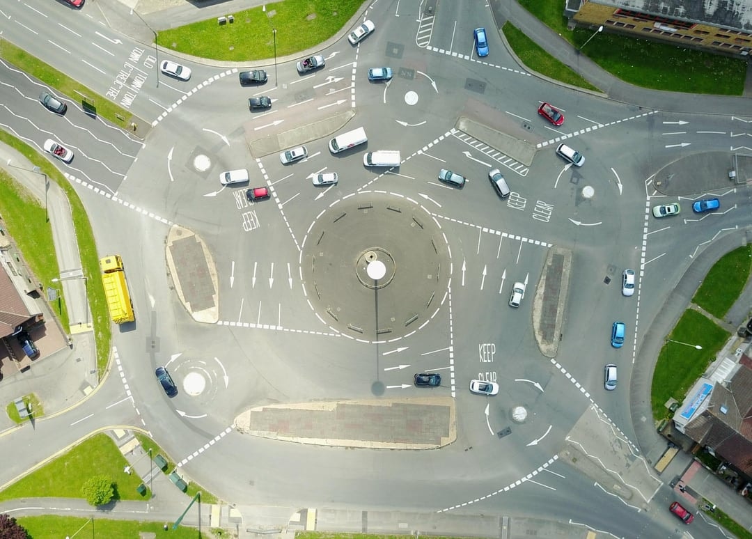Aerial view of Swindon Magic Roundabout with five mini-roundabouts and central island